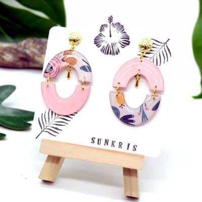 Asymmetrical resin earrings: pastel pink, brown and blue bow floral patterns