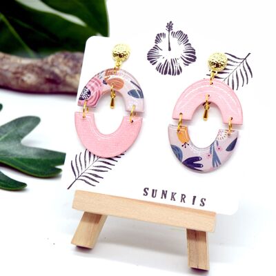 Asymmetrical resin earrings: pastel pink, brown and blue bow floral patterns