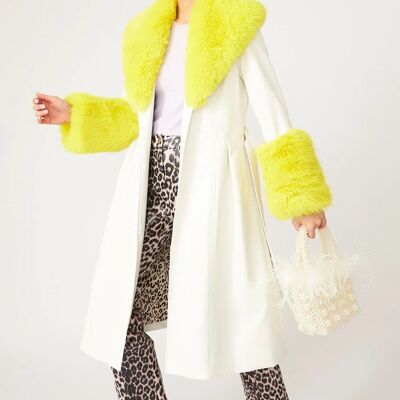 White Yellow Faux Leather Trench Coat with Faux Fur Collar and Cuffs