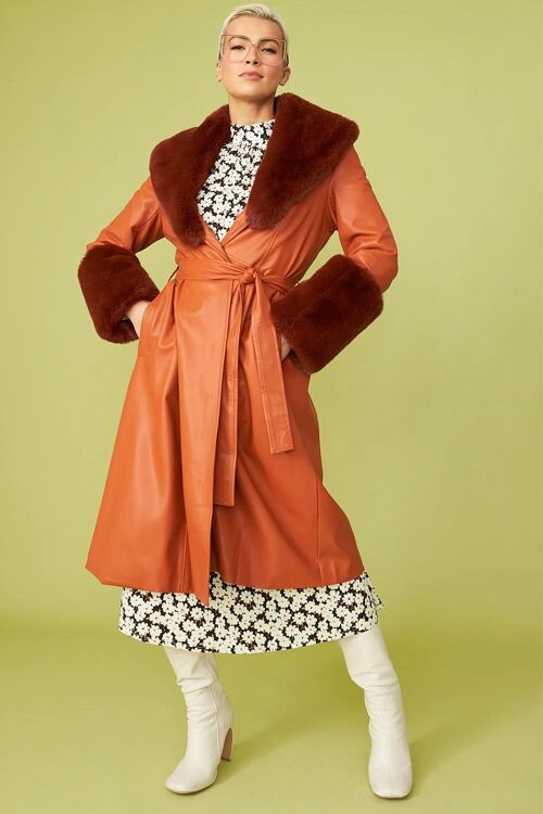 Chocolate Faux Leather Trench Coat with Faux Fur Collar and Cuffs