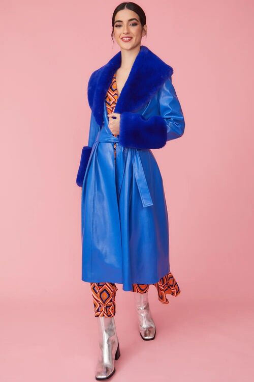 Blue Faux Leather Trench Coat with Faux Fur Collar and Cuffs