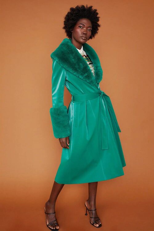 Green Faux Suede Trench Coat with Faux Fur Collar and Cuffs