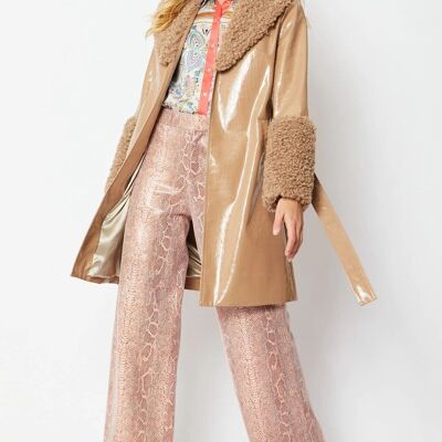 Mocha Faux Leather Trench Coat with Faux Shearling Collar and Cuffs