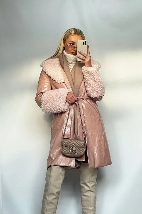 Pink Faux Leather Trench Coat with Faux Shearling Collar and Cuffs