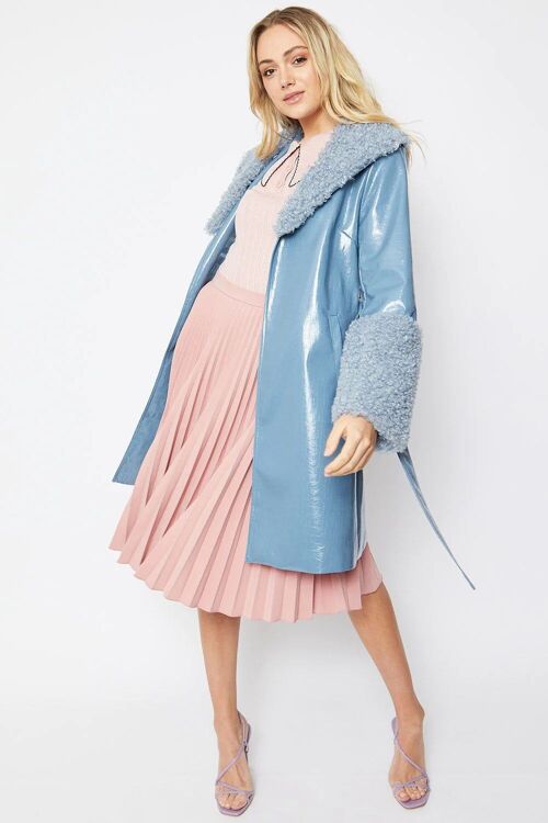 Blue Faux Leather Trench Coat with Faux Shearling Collar and Cuffs