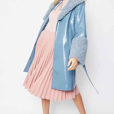 Blue Faux Leather Trench Coat with Faux Shearling Collar and Cuffs
