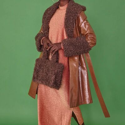 Chocolate Faux Leather Trench Coat with Faux Shearling Collar and Cuffs