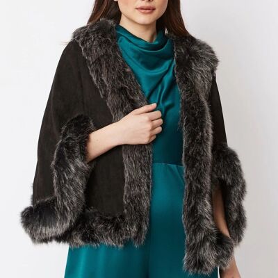 Black Faux Fur Suede Cape Jacket