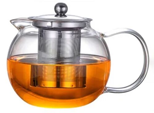 Heat resistant glass teapot with stainless steel strainer and lid. Dimensions 8.5x8x15cm Capacity 1300ml SD-017