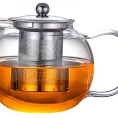 Heat resistant glass teapot with stainless steel strainer and lid. Dimensions 8.5x8x15cm Capacity 1300ml SD-017