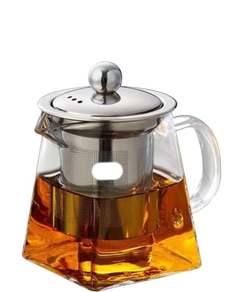 Heat resistant glass teapot with stainless steel strainer and lid. Dimensions 8.4x7.1x11.4cm Capacity 550ml SD-018