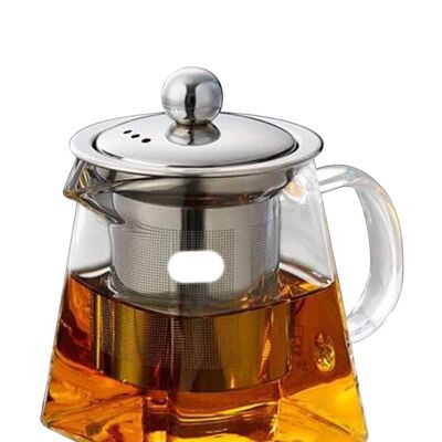 Heat resistant glass teapot with stainless steel strainer and lid. Dimensions 8.4x7.1x11.4cm Capacity 550ml SD-018