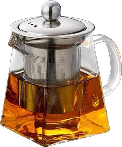 Heat resistant glass teapot with stainless steel strainer and lid. Dimensions 8.5x8x15cm Capacity 950ml SD-019