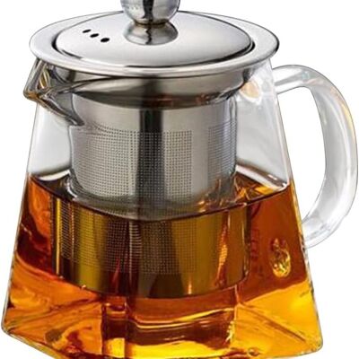 Heat resistant glass teapot with stainless steel strainer and lid. Dimensions 8.5x8x15cm Capacity 950ml SD-019
