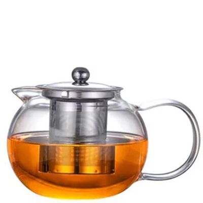 Heat resistant glass teapot with stainless steel strainer and lid. Dimensions 8x8x13.5cm Capacity 950ml SD-016