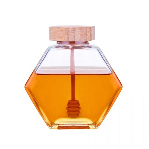 Glass honey jar with wooden lid and dipper. Capacity: 220ml MB-275