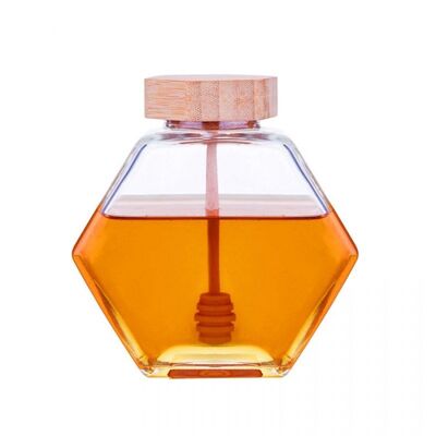 Pot de miel en verre avec couvercle et louche en bois. Capacité : 220 ml MB-275