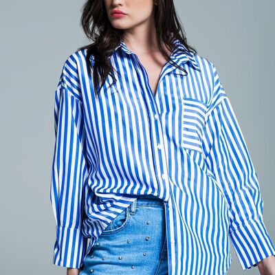 White oversized blouse with vertical stripes in blue and chest pocket