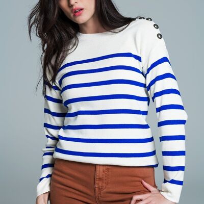 White sweater with buttons on shoulders and blue stripes