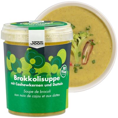 Zuppa di broccoli biologici con anacardi e datteri