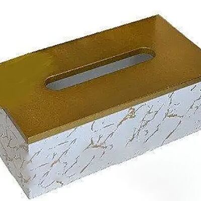 Tissue case "MARBLE" with gold lid, in white color. Dimension: 25.7x13x9cm LM-026B