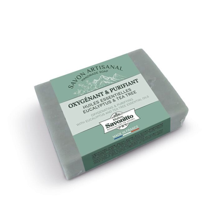 "Oxygenating & Purifying" soap, EUCALYPTUS & TEA TREE essential oils 100g
