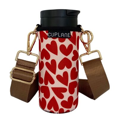 Cup Holder To Go Set CUPLANE Heart Sleeve, Black Cup & Gold Strap