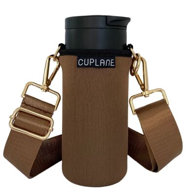 Cup Holder To Go Set CUPLANE Brown Sleeve, Cup & Gold Strap