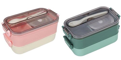 2-tier food container and stainless steel bowl, airtight lid, spoon, fork and carrying handle in 2 colors. PINK - GREEN Dimension: 21.5x12x10.5cm LM-014