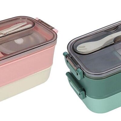 2-tier food container and stainless steel bowl, airtight lid, spoon, fork and carrying handle in 2 colors. PINK - GREEN Dimension: 21.5x12x10.5cm LM-014