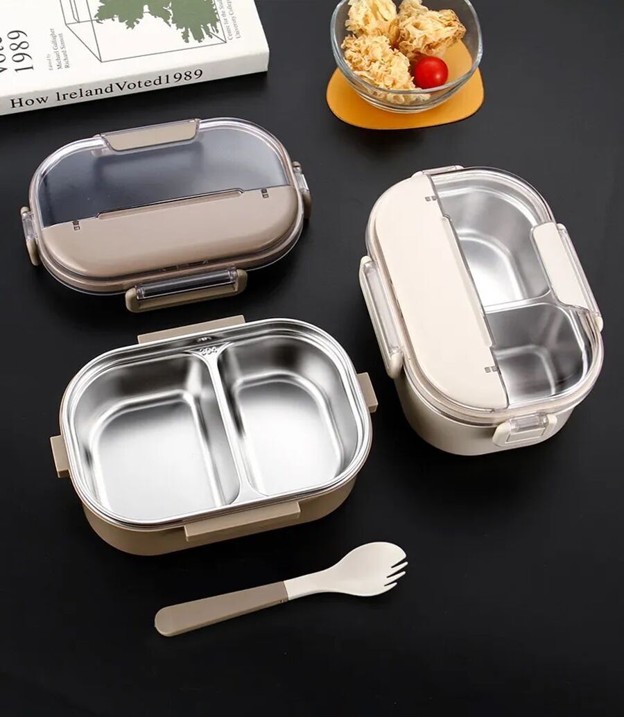 Isothermal food transport container with stainless steel bucket, airtight lid, spoon, fork in 2 earth tones. Dimension: 19.5x13.3x8.5cm WHITE - BROWN LM-013