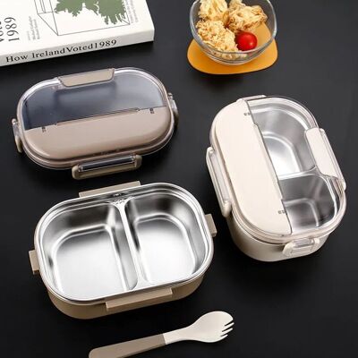 Isothermal food transport container with stainless steel bucket, airtight lid, spoon, fork in 2 earth tones. Dimension: 19.5x13.3x8.5cm WHITE - BROWN LM-013