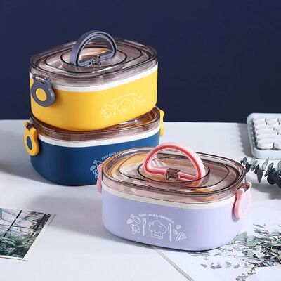 Isothermal food transport container with stainless steel bucket, airtight lid, spoon, fork in 3 colors. YELLOW - PURPLE - BLUE Dimension: 19x13.5x8cm LM-012