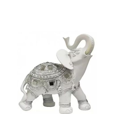 Elefante decorativo bianco con dettagli argento in RESINA in 2 design. Dimensioni: 17x7x17 cm LM-051
