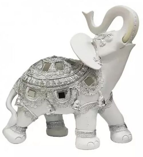 White decorative elephant with silver details from RESIN in 2 designs. Dimension: 21x8.5x21cm LM-052