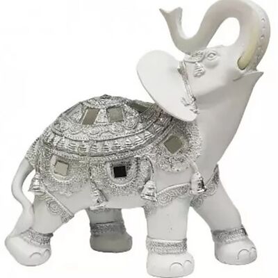 Elefante decorativo blanco con detalles plateados de RESIN en 2 diseños.  Dimensión: 21x8.5x21cm LM-052