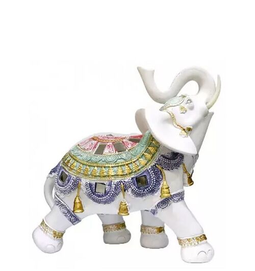 White decorative elephant with colorful details from RESIN in 2 designs. Dimension: 17x7x7cm LM-053