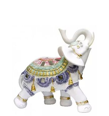 Éléphant décoratif blanc avec détails colorés de RESIN en 2 designs. Dimension : 17x7x7cm LM-053