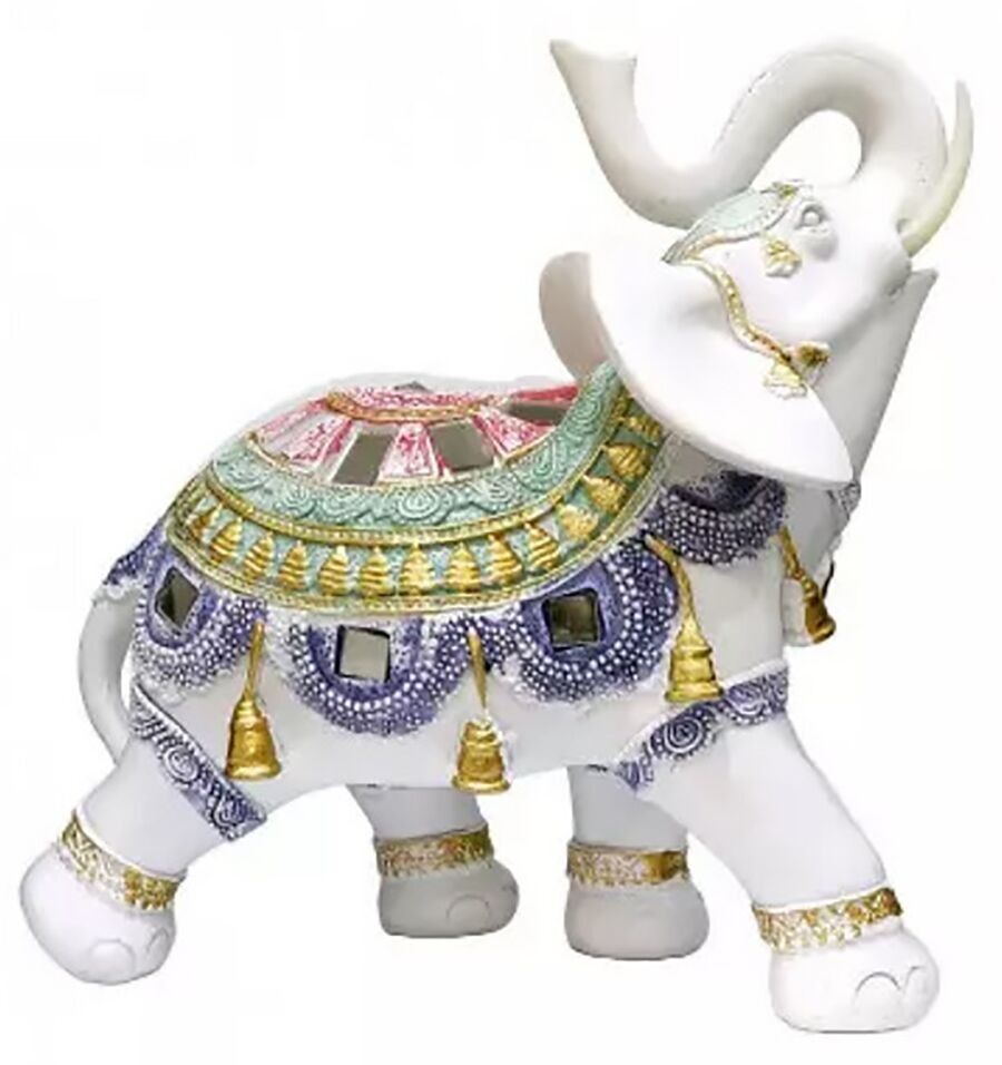 Weißer Deko-Elefant mit bunten Details aus RESIN in 2 Designs. Abmessung: 21x8.5x21cm LM-054