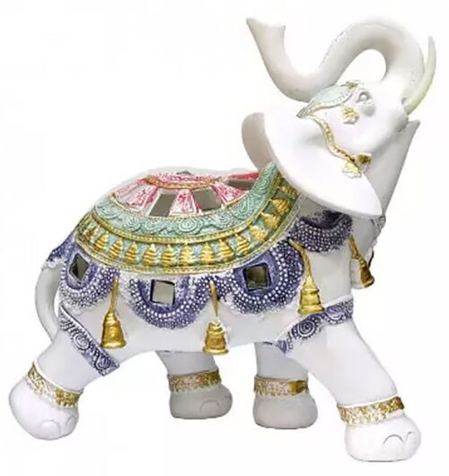 White decorative elephant with colorful details from RESIN in 2 designs. Dimension: 21x8.5x21cm LM-054