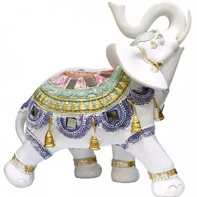 Elefante decorativo bianco con dettagli colorati in RESINA in 2 design.   Dimensione: 21x8.5x21 cmLM-054