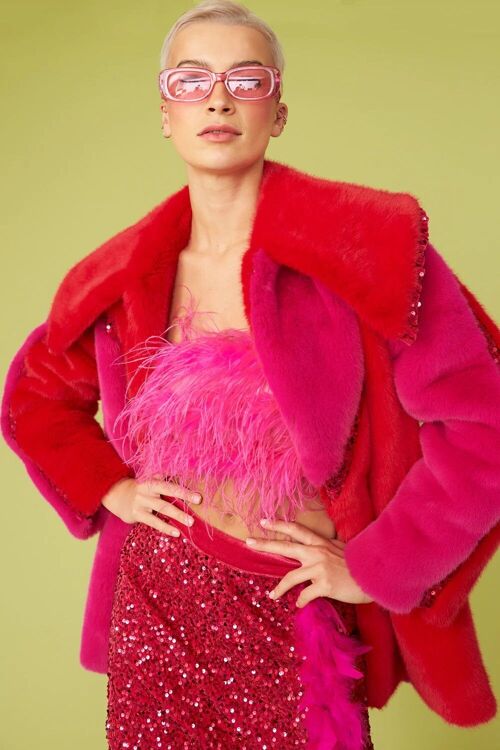 Pink Eco Faux Fur Midi Sequins Star Coat