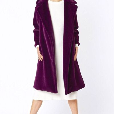 Manteau mi-long en peau de mouton rasé en fausse fourrure violet foncé