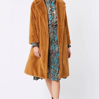 Cappotto in shearling rasato midi in pelliccia sintetica color moka