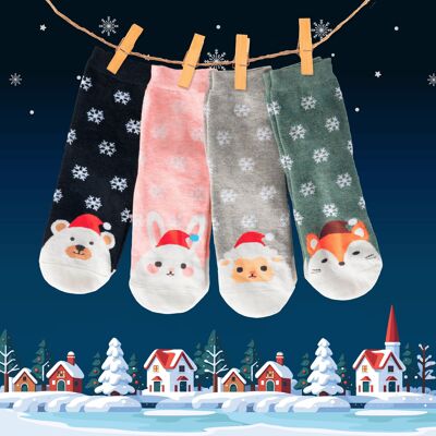 Caja de calcetines de algodón con animales navideños (set x4)