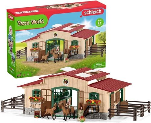 schleich 42195 - FARM WORLD – Écurie avec chevaux et accessoires, coffret de 96 pièces avec 2 chevaux, figurine de cavalier et accessoires de ferme, jouets animaux de la ferme pour enfants dès 3 ans