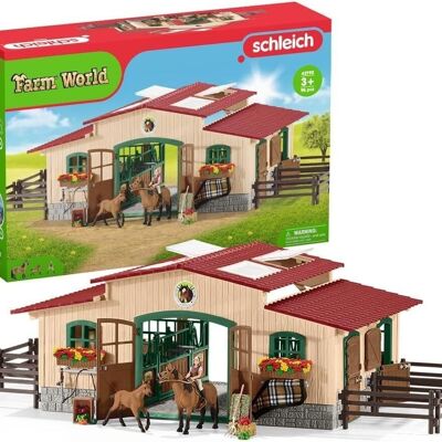 Schleich 42195 - FARM WORLD – Stall mit Pferden und Zubehör, 96-teiliges Boxset mit 2 Pferden, Reiterfigur und Bauernhofzubehör, Bauernhoftierspielzeug für Kinder ab 3 Jahren
