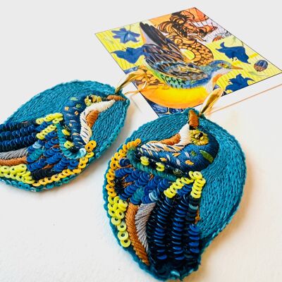 Pendientes bordados 'Eres un pájaro azul' 0159