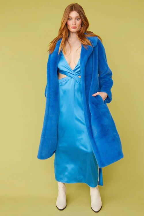 Blue Faux Fur Midi Duchess Coat