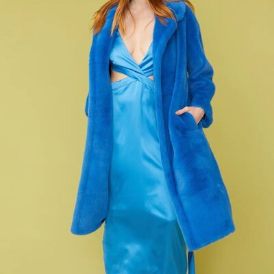 Manteau duchesse mi-long en fausse fourrure bleu